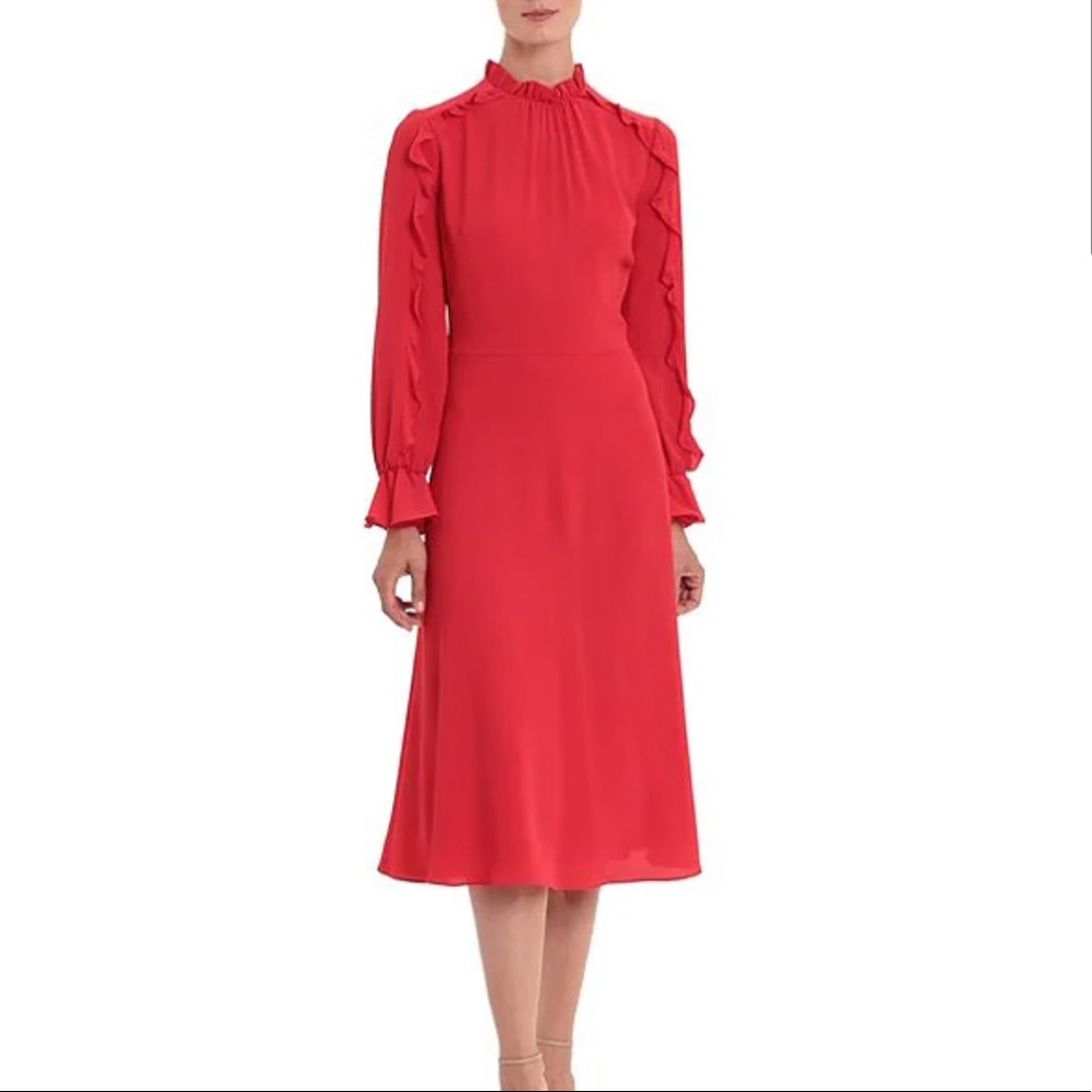 ❤️Mock Neck Ruffle Long Sleeve Catalina Crepe Midi Dress